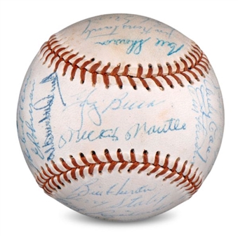 1956 World Champion New York Yankees Team Signed Baseball With 30 Signatures Including Mantle